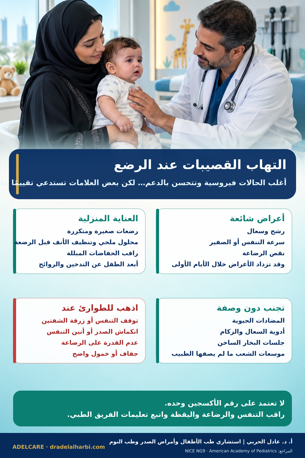 ملصق عربي عن التهاب القصيبات عند الرضع والعناية المنزلية وعلامات الطوارئ