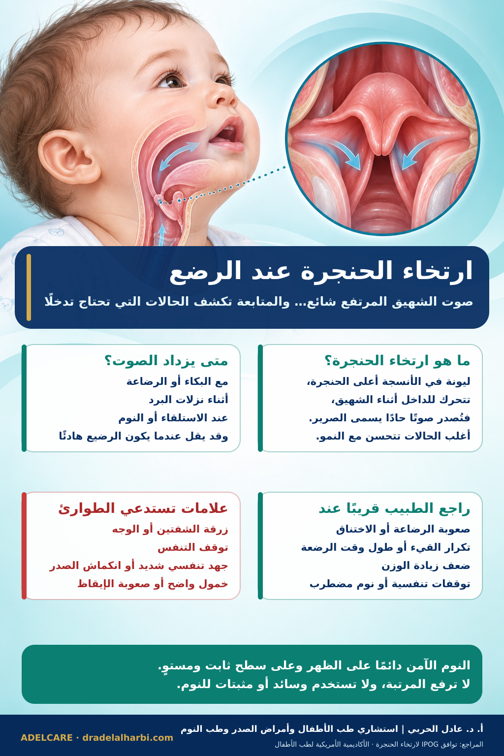 ملصق عربي عن ارتخاء الحنجرة عند الرضع وعلامات الخطر والطوارئ