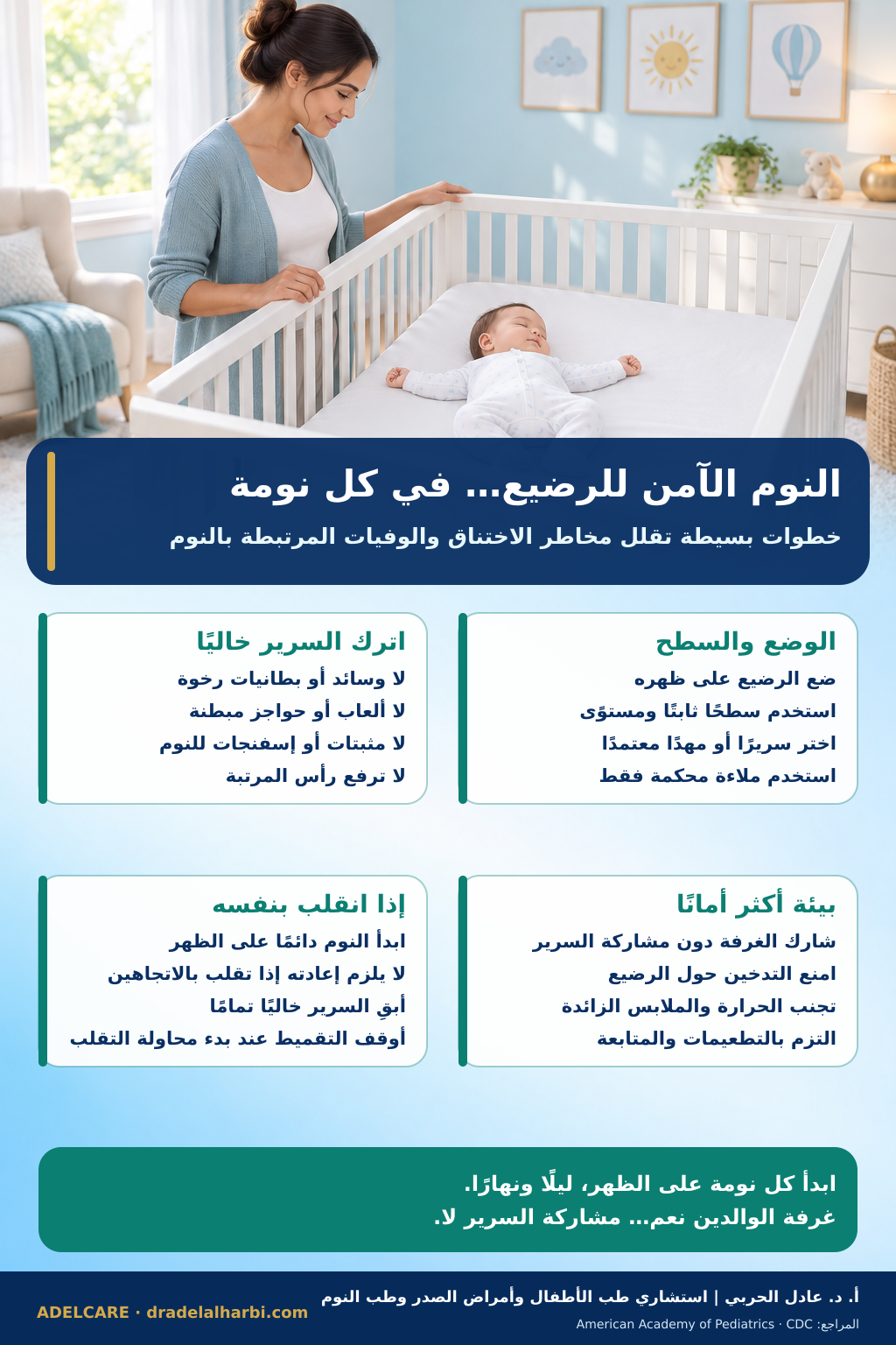 ملصق عربي عن النوم الآمن للرضيع على الظهر وفي سرير خال من الوسائد والبطانيات