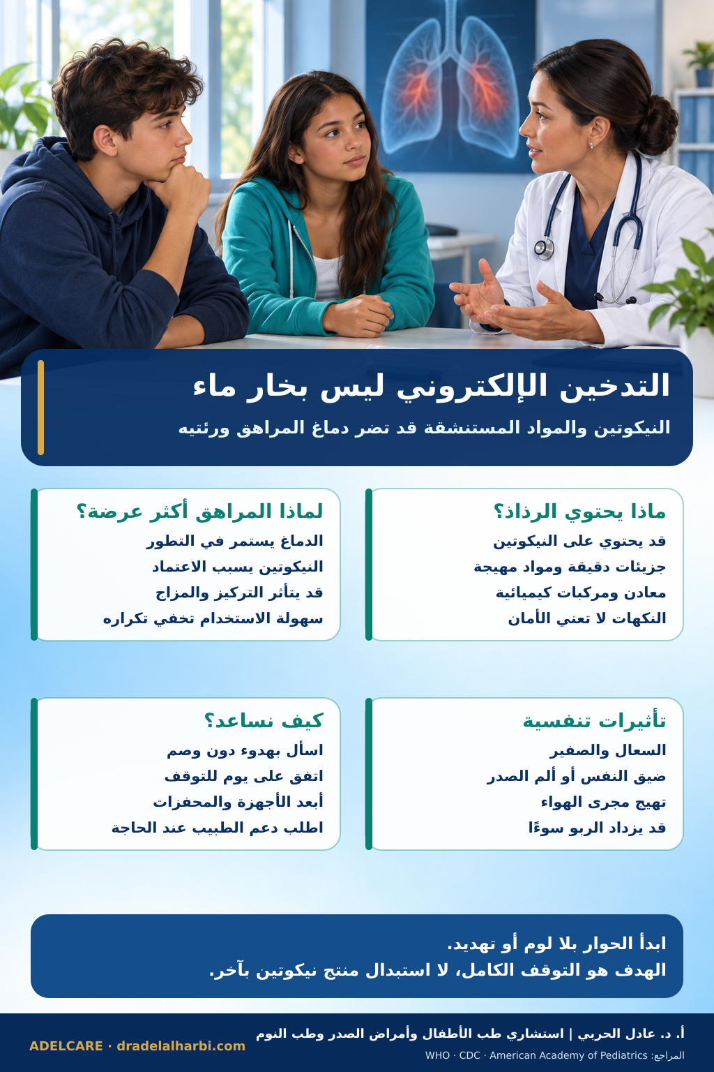 ملصق عربي عن مخاطر التدخين الإلكتروني والنيكوتين على رئة المراهق ودماغه